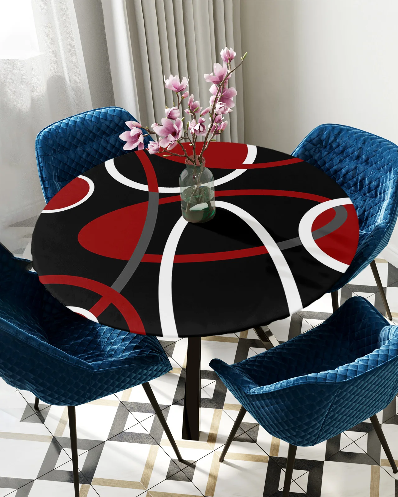 

Красная черная Геометрическая абстрактная линия, круглая скатерть, фотообложка, водонепроницаемый декоративный аксессуар для обеденного стола