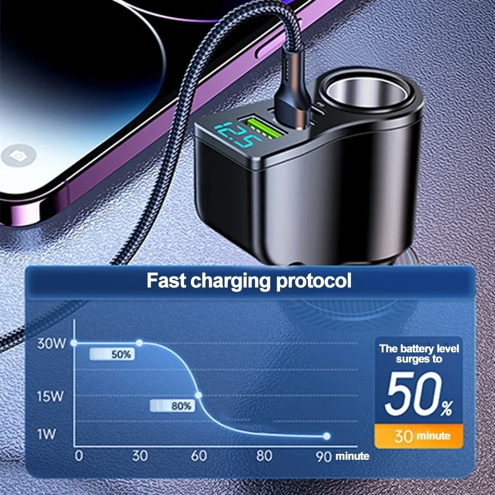 4 in 1 66W Car Charger Fast Charging Socket Splitter Dual USB Type-C Car Charger LED Digital Display For iPhone Huawei Sumsung