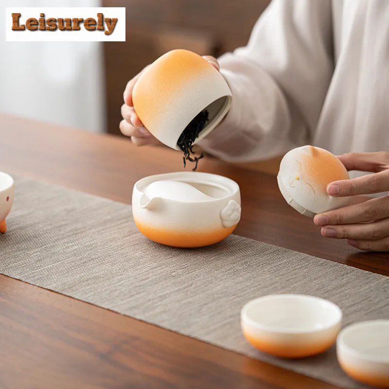 Shiba Inu Gradient Color Travel Tea Set Kit Handmade 1 Pot 3 Cups Tea Maker Organizer Portable Camping Tote Bag Decoration Craft