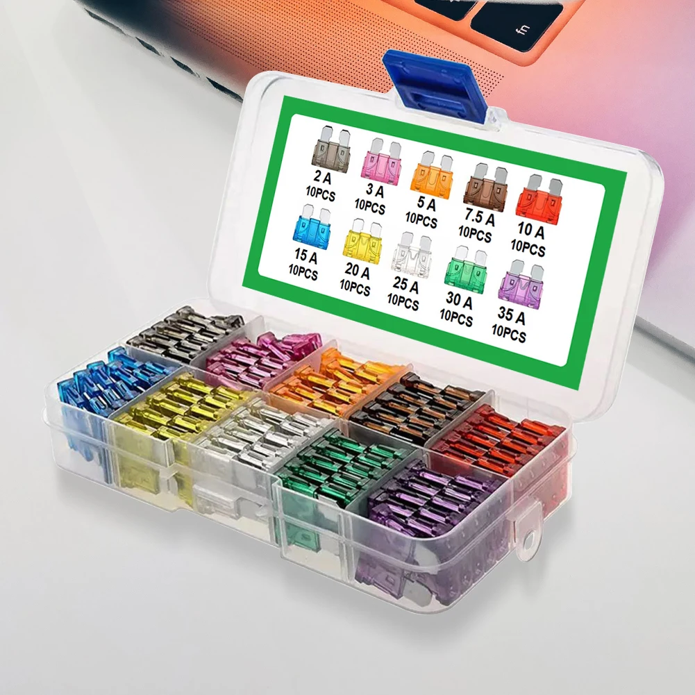 100Pcs Auto Fuse Kit 15A 20A 25A 30A 35A 10 Types Car Fuse Assortment with Box Blade Type Assorted Kit