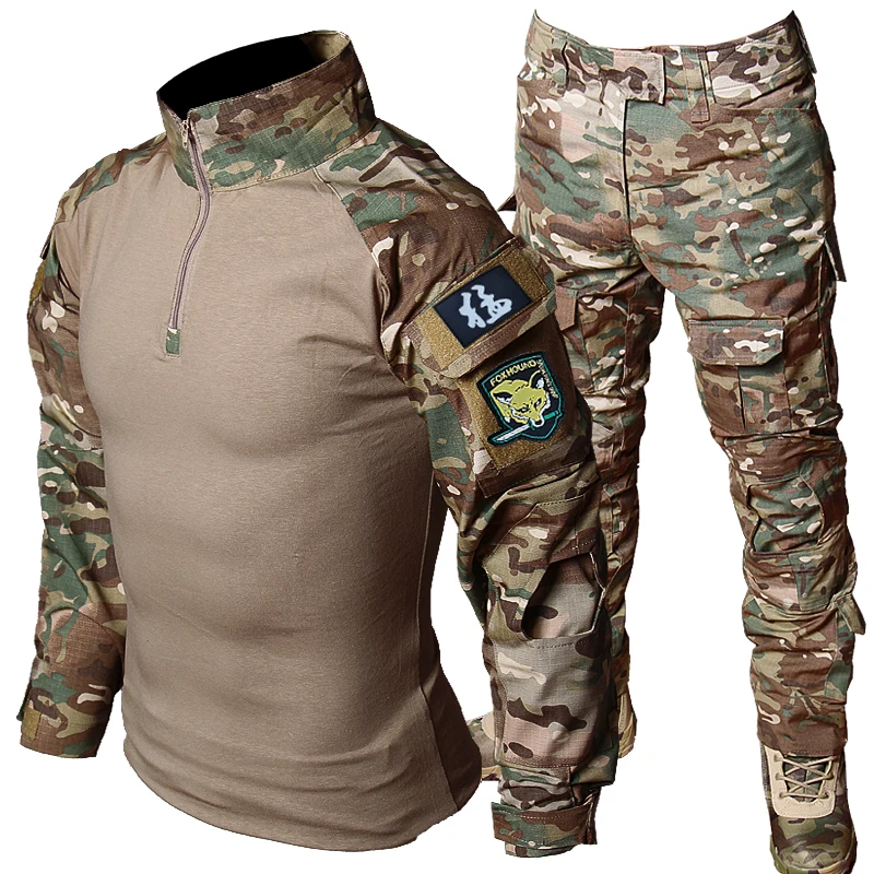 Camo Tactical Sets Men Elastic Breathable Long Sleeve T-shirts+Multi-pocket Cargo Pants 2 Pcs Suits Outdoor Training Camping Set