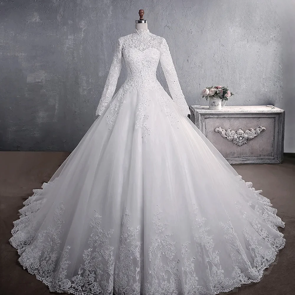 

Muslim Wedding Dress 2024 Elegant High Neck With Train Princess Bride Dress Luxury Lace Embroidery Wedding Gown Vestido De Noiva