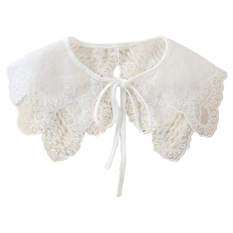 

Korean Women Organza Faux Collar Shawl Wrap Elegant Lace-Up Bowknot Decorative Necklace Sheer White Embroidery Mini Poncho
