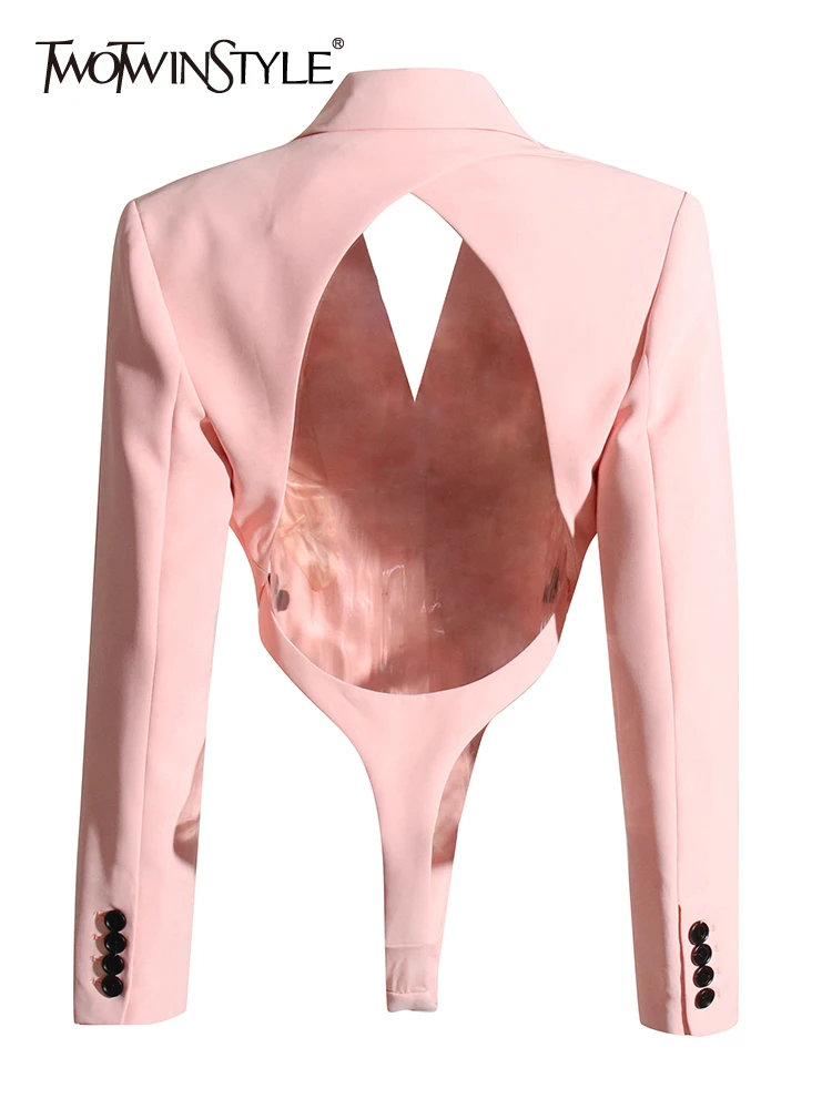 

TWOTWINSTYLE Backless Sexy Bodysuits For Women Notched Collar Long Sleeve Solid Minimalist Bodysuit Female Summer Clothing 2022