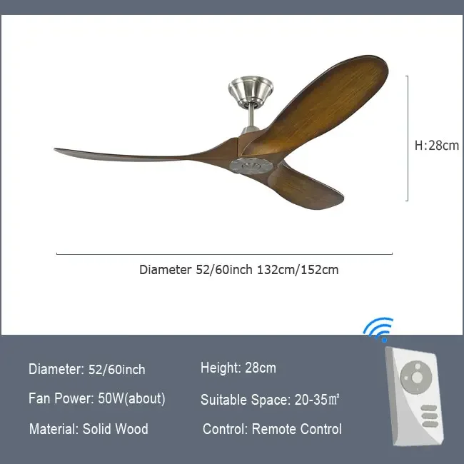 42" 52" 60" Outdoor/Indoor Ceiling Fan with Remote Control Energy DC Motor 3 Solid Wood Blades
