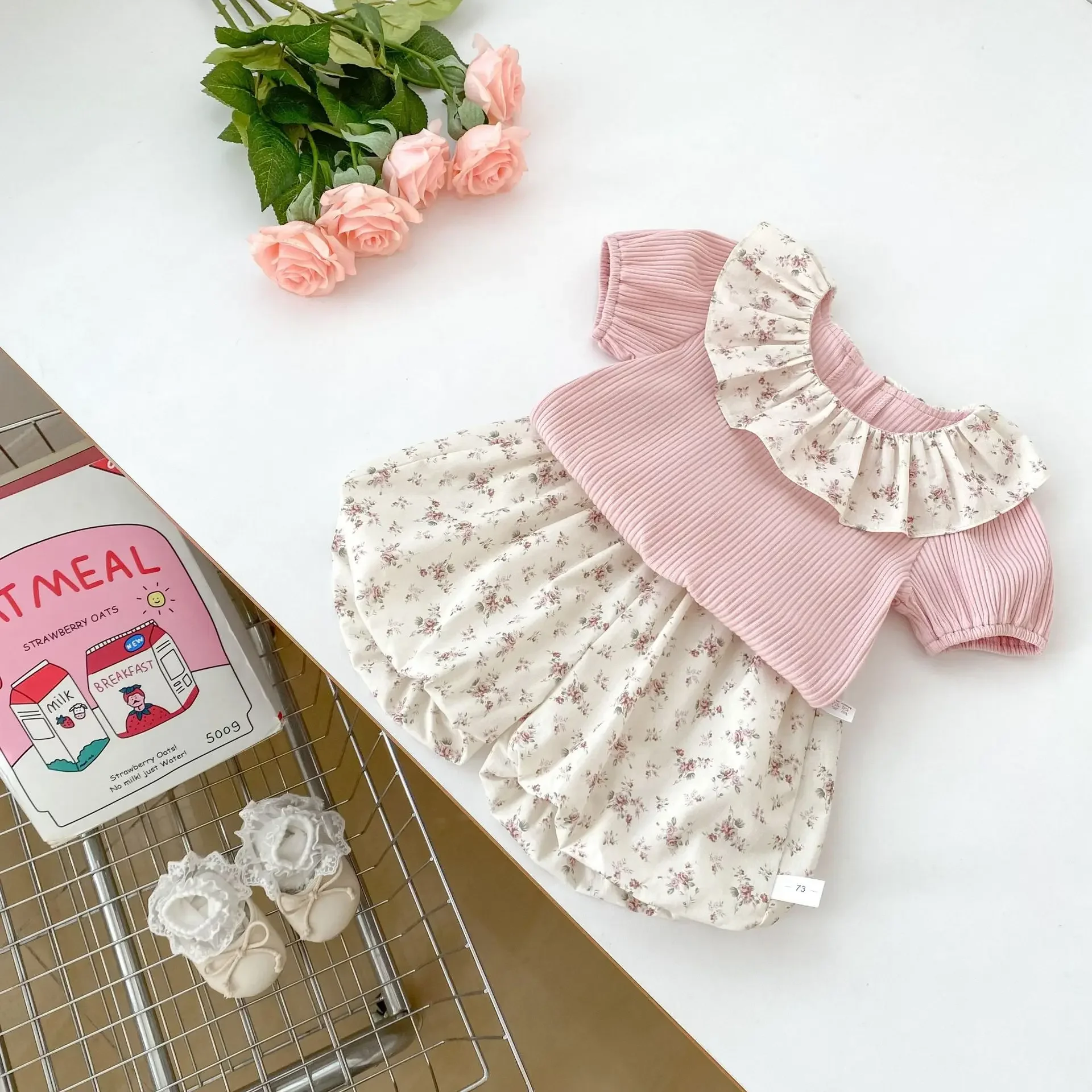 Cotton Baby Girl Summer Set Ruffled Collar Sleeveless Top Bloomers