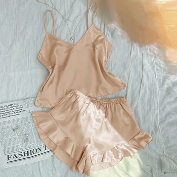 طقم بيجامة نسائية من الساتان الصلب ، توب كامي برقبة على شكل حرف V ، شورت بكشكشة ، ملابس نوم ، ملابس نوم 4
