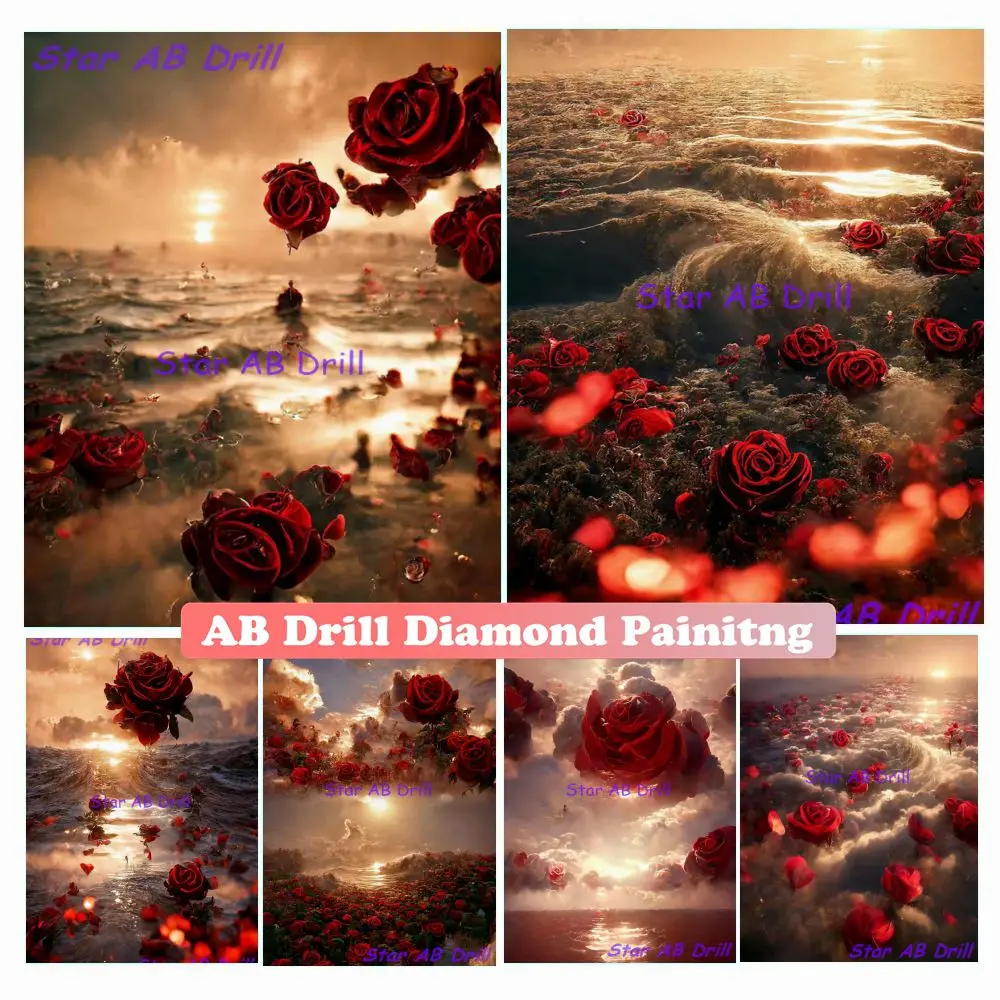 5D Fantasy Rose Dream Red Flower Ab Drill Diamond Mosaic Art Painting Diy Castle Landscape Crystal Cross Stitch Kit Home Decor