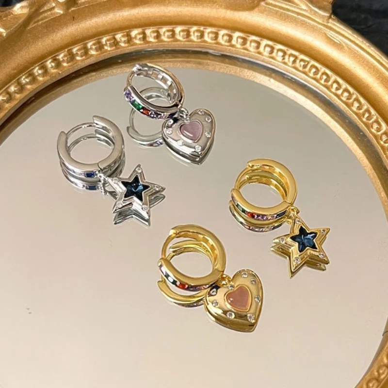 Vintage Heart Star Zircon Drop Dangle Hoop Earrings for Women Asymmetric Exquisite Rhinestone Drop Earring  Jewelry Girls Gifts