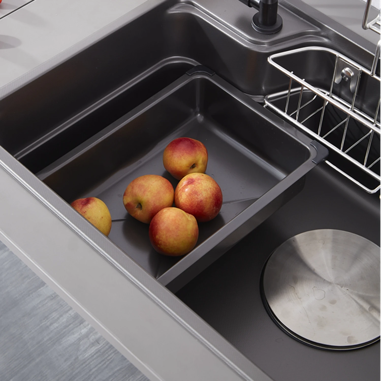 Kitchen Sinks Drop in Gray Japanese-Style Sink Single Bowl Sink with Hanging Basket, 304 Stainless Steel Workstation