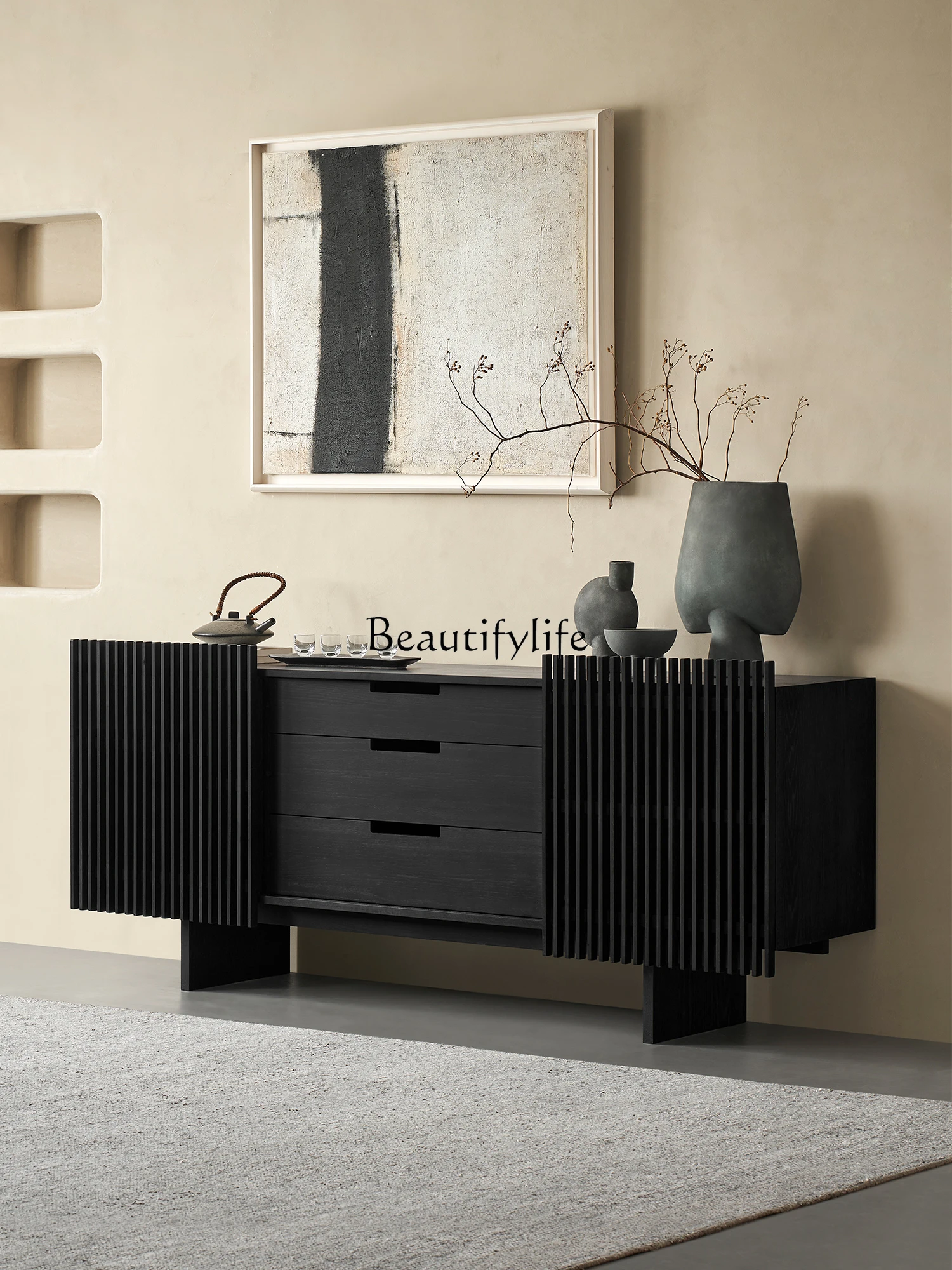 Solid Wood Sideboard Nordic Retro Porch Black Bedroom Storage Chest of Drawers