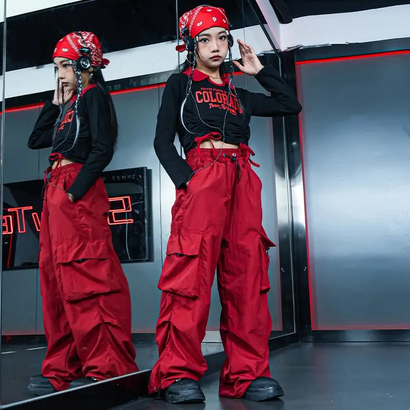 2024 Hip Hop Girls Clothes Long Sleeves Crop Tops Red Cargo Pants Jazz  Dance Costume Kids Modern Dance Performance Outfit