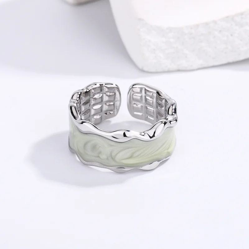 

PANJBJ 925 Sterling Silve Wave White Dropwise Glaze Ring for Women Girl Gift Irregular Design Broad Jewelry Dropshipping