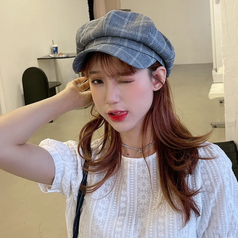 Women Beret Spring Summer Korean Style Striped Octagonal Cap Plaid Newsboy Cap Sun Hat