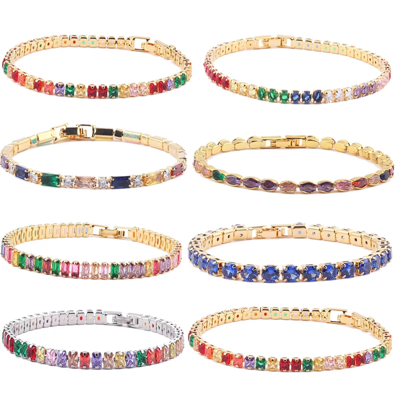 Pulseras de tenis de cristal arcoíris para mujer, conjunto de pulseras de oro de 18K, plata, circonita colorida, joyería nupcial para boda, 2022