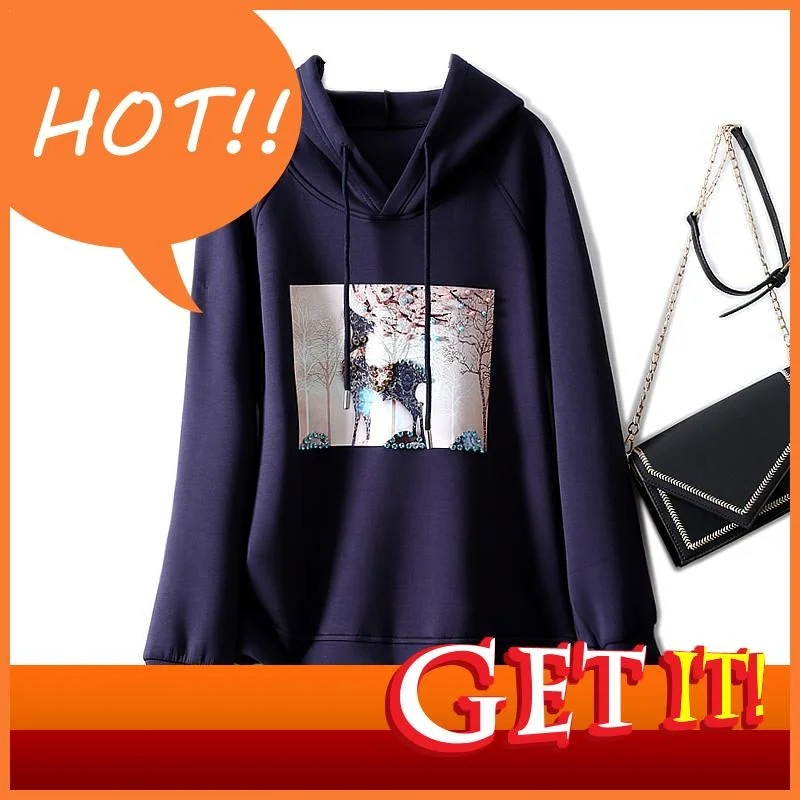 

Hoodie 2023 Spring And Oversized Autumn New Ink Painting Beads Light Luxury Space Cotton Hooded Casual Pullover Women's Top