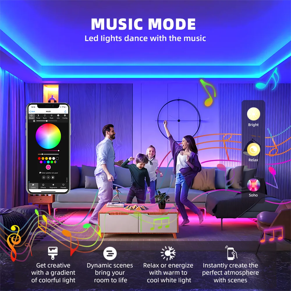 DOMRAEM WLED Digital Music LED Controller with Mic & Relay -ESP32 2CH 16A for WS281X/SK6812 (800ICS). Type-C & UART. Alexa/HA.