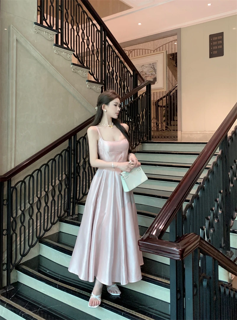 Elegant Satin Midi Dresses for Women Sleeveless High Waist Evening Party Dress A-line Prom Robe Korean Fashion Summer Vestidos