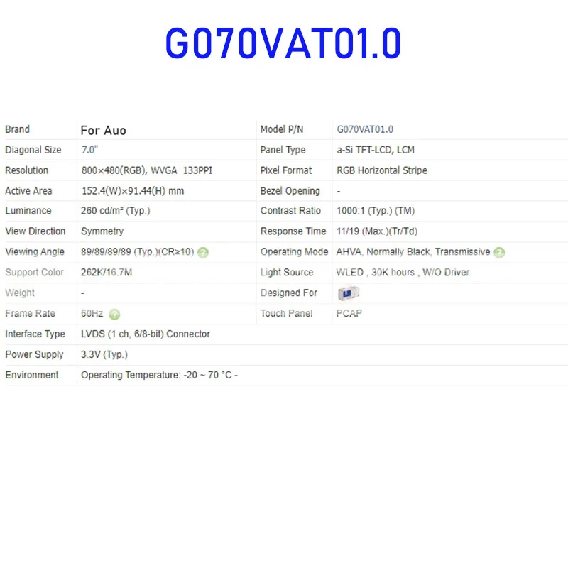 터치 패널 포함 Auo용 LCD 디스플레이 스크린 패널, G070VAT01.0, 7.0 인치, 100% 테스트 완료, 신제품, 빠른 배송