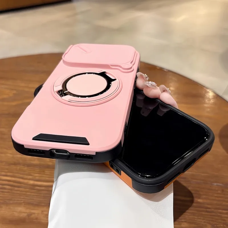 Luxury Heavy-Duty Armor Slide Camera Case with Magnetic Rotate Ring Holder