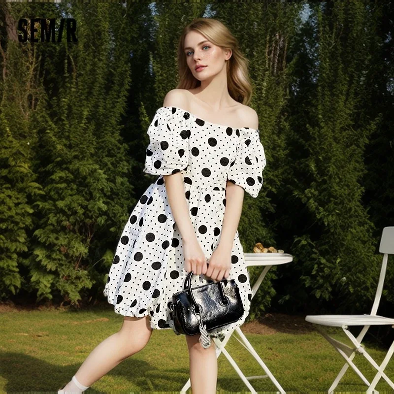 Semir 여성용 원피스 스퀘어 칼라 버블 슬리브 텍스처 물방울 무늬 드레스, 우아한 여름 드레스, 2024 신상