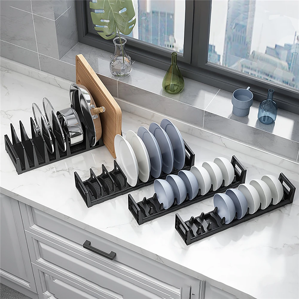 Kitchen Plate Storage Organizer and Drying Rack for Cabinet/Drawer,Aluminum  Plate Rack Holder with ABS Handles for Easy Portable,Adjustable Dish Dryer