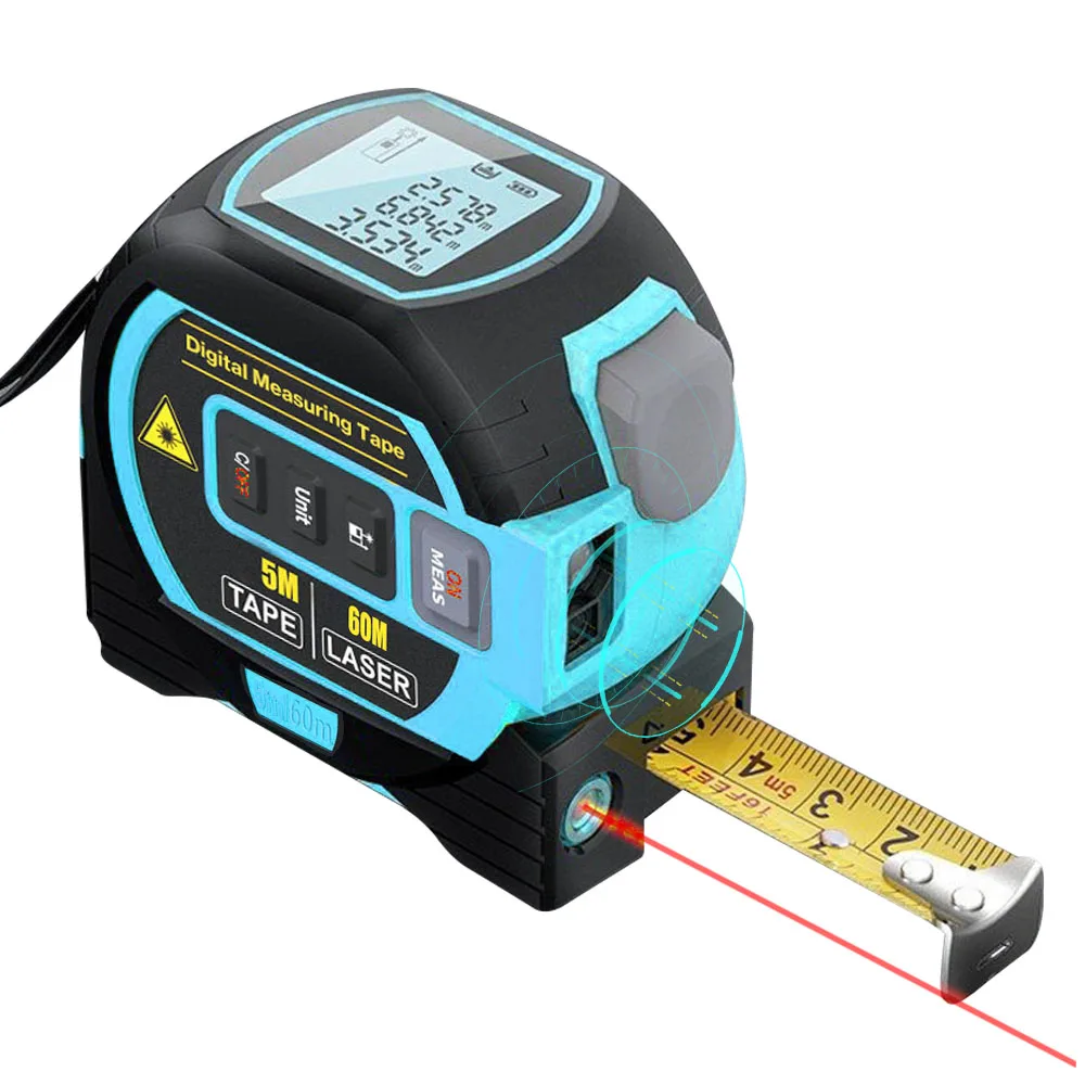 3in1 Laser Rangefinder 5m Tape Measure Ruler LCD Display with Backlight Distance Meter Building Device Area Volumes Surveying