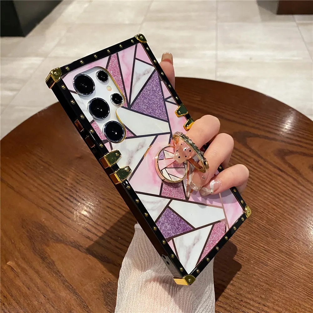 Feather Leopard Print Square Plating Fodral För Samsung Galaxy S24 S22 S21 S20 Note 20 Ultra 10 9 S23 FE A54 Ring Hållare_voghion.com