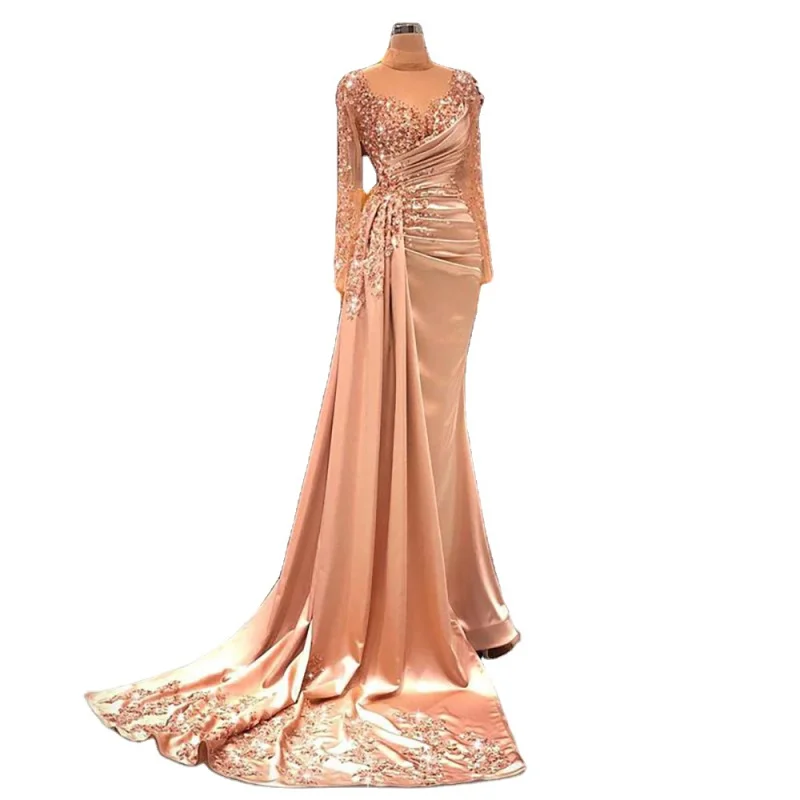 

Rose Gold Long Sleeve High Neck Luxury Mermaid With Skirt Evening Dresses Customized Best Price Party Gowns For Women