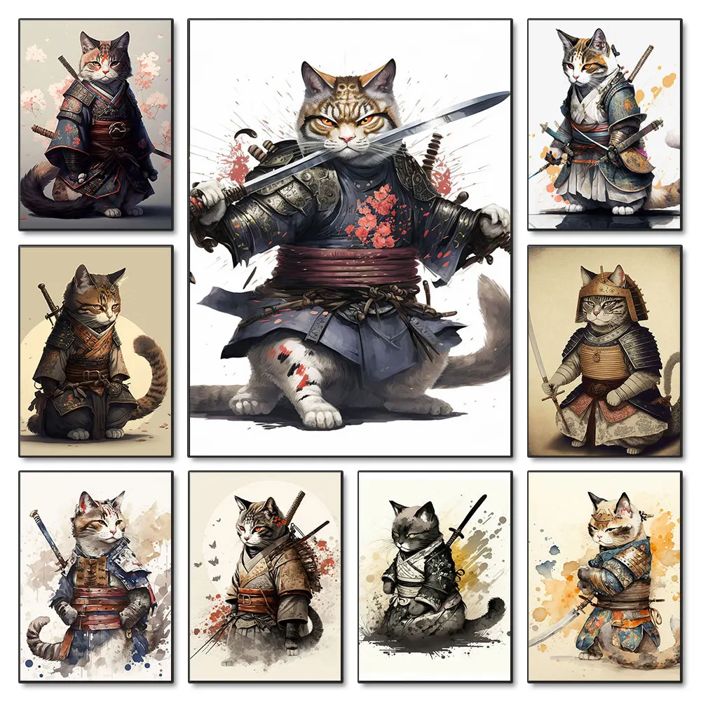 

Abstract Japanese Cat Samurai Poster And Print Canvas Painting Watercolor Cute Cat Animals Wall Art For Room Home Decor Cuadros