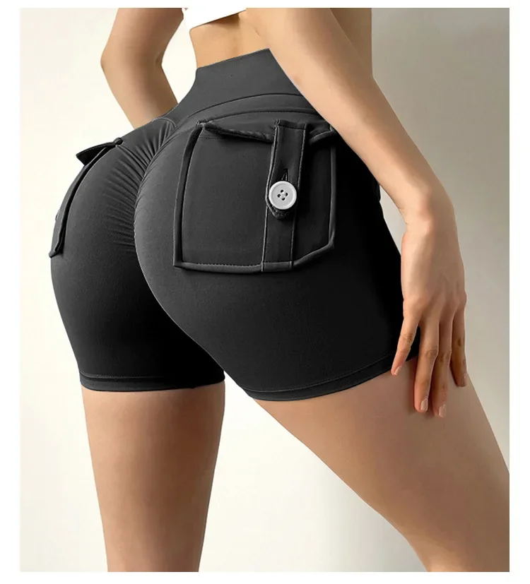 2024 New Women Shorts Pockets Sexy Solid Color Tight High Waist Workout Quick Drying Shorts Fitness Tights