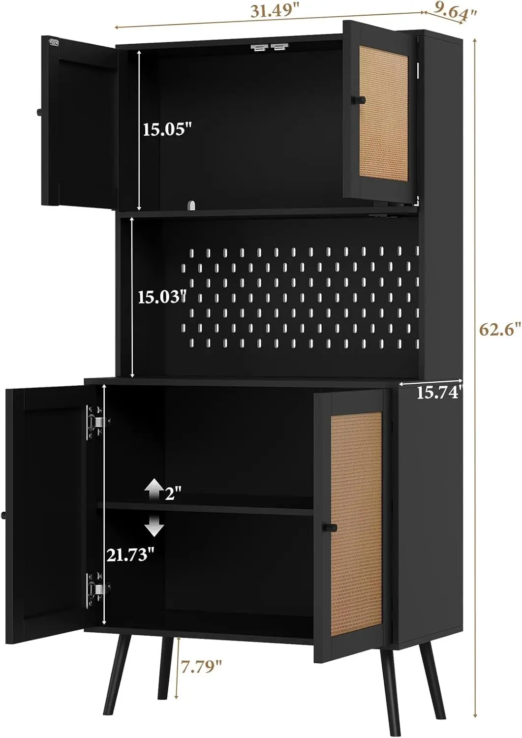 Rattan Kitchen Pantry Storage Cabinet with Power Outlets, LED Lights, Pegboard - 62.6" Tall Hutch Sideboard Buffet Cabinet, 2
