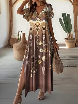 Abiti con stampa floreale retrò per donna Abiti lunghi femminili con scollo a V taglie forti Abito elegante a maniche corte Moda Estate 2024 1
