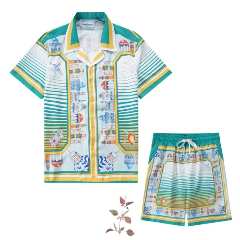 

Castle Palace Pattern CASABLANCA Suits High Quality Men's Women's Green Shirts Casablanca Short Pants