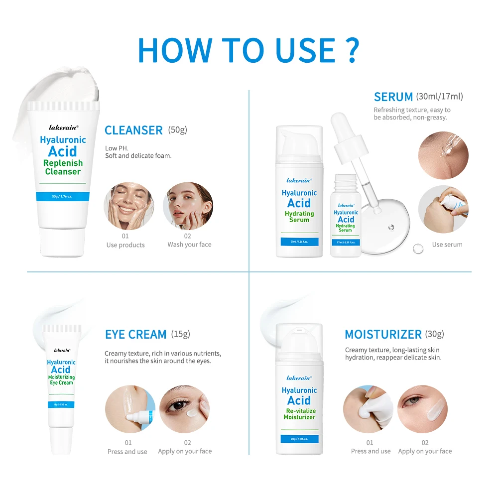 5-piece Set Hyaluronic Acid Skincare Set Essence Cleanser Eye Cream Face Cream Hydrating Moisturizing Repair Skin Care Product