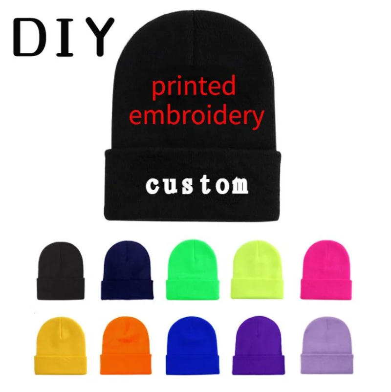 DIY Custom Printing Embroidery Hat Fluorescent Pullover Hat Light Plate Knitted Hat Solid Color Cold Hat Logo Wool Hat