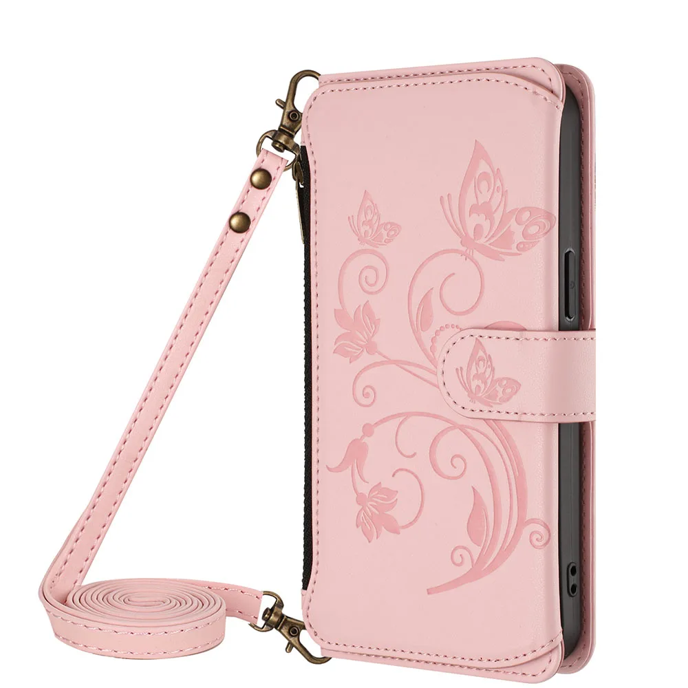 Multi Card Slot Wallet Case with Zipper Cover and Long Lanyard