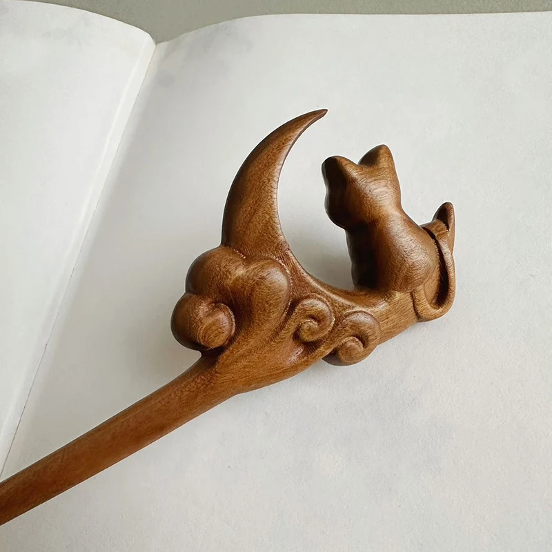Chinese Style Vintage Wooden Rabbit Cat Moon Carved Chopsticks Hair Stick Hairpins Hanfu Headwear Women Girls Hair Accessory