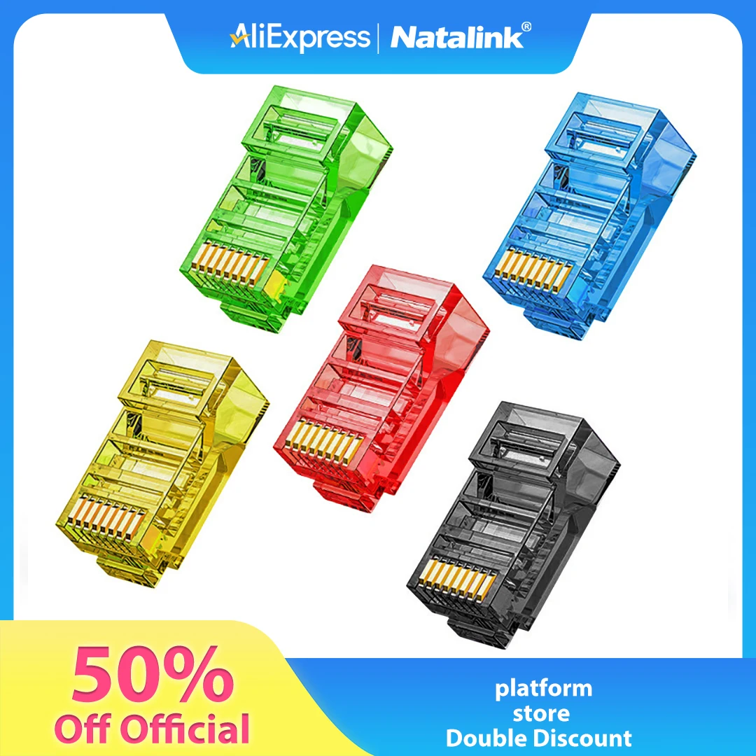 Natalink RJ45 CAT6 CAT5e Pass Through Connector Modular Plug 8P8C Crystal End Gold-Plated Solid or Stranded UTP Network Cable image 1