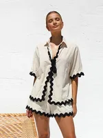 طقم قميص وشورت نسائي مكون من قطعتين ، قميص نسائي غير رسمي بأكمام قصيرة بطية صدر ، شورت فضفاض ، موضة الربيع والصيف ، 1