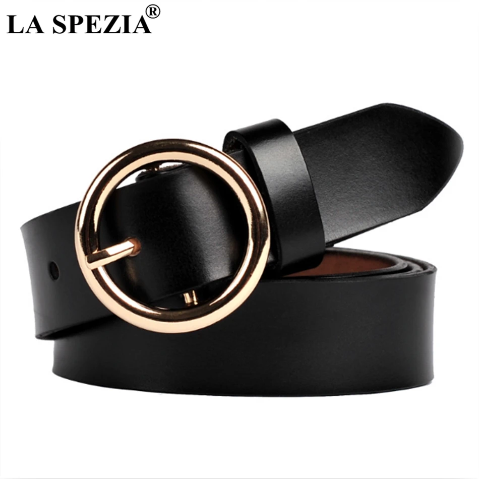 LA SPEZIA Woman Belt Circle Real Leather Pin Buckle Belt Ladies Black Round Genuine Leather Cowhide Fashion Female Brand Belts