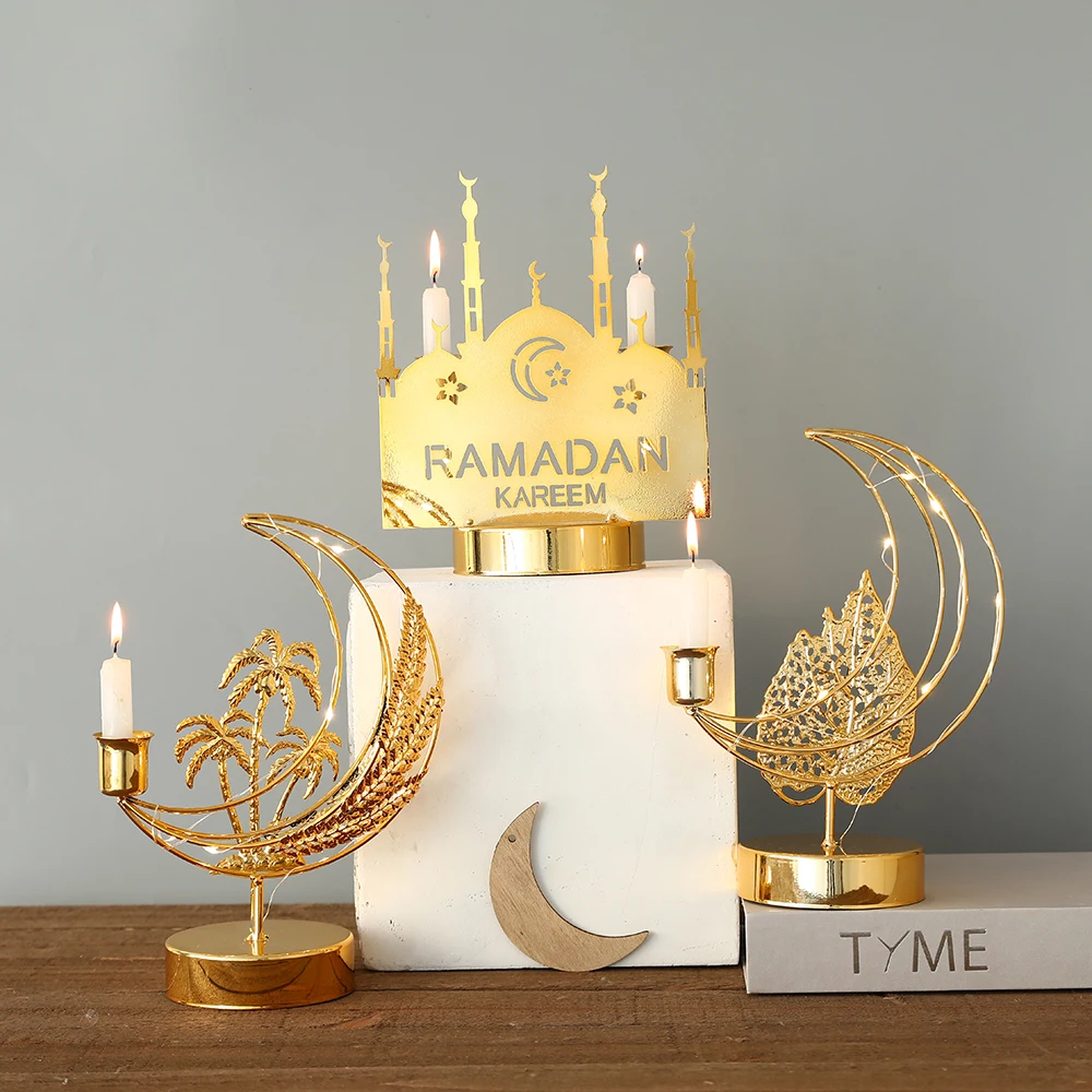 EID Ramadan Metal Gold Candle Holder Tray With Lights Eid Mubarak Muslim  Islam Festival Hollow Lamp for Home Ornament Craft 2023