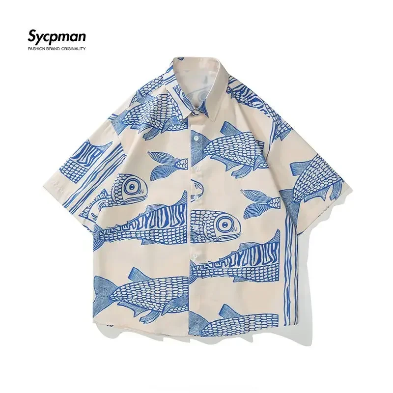 

Oversized American Style 2022 Summer Fried Street Fashion Small Fish Print New Personalized Mens Casual Shirts