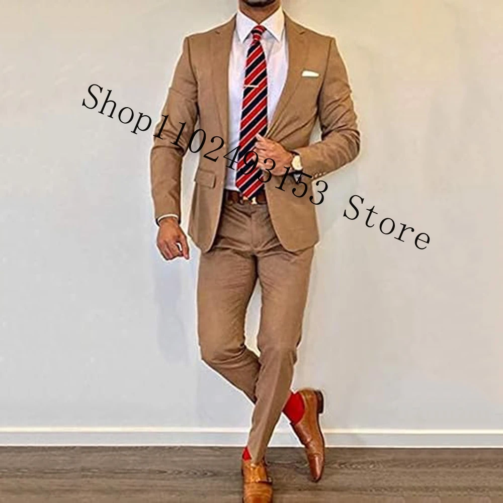 Khaki Male Suits Notched Lapel Formal 2 Pieces Suits Men Blazer Business Groom Wedding Tuexdos Jacket Pants Trajes De Hombre