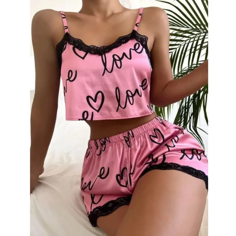 

Two Pieces Set Women's Pajama Shorts Suit Cute Printed Pajamas Spring Summer Home Clothes Fashion Lace Top Splicing Sling Set