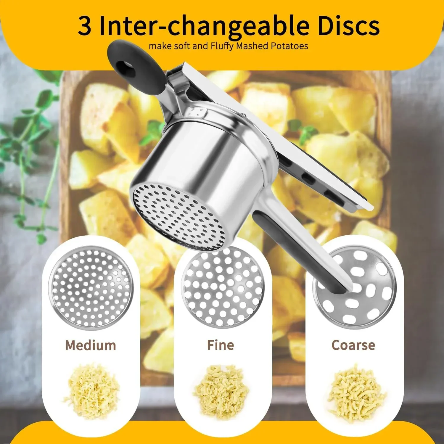 Description Picture 2 of itemStainless Steel Potato Masher Manual Press French Fries Cutter Dispenser Crusher Making Squeezer With 3/4 Interchangeable Discs