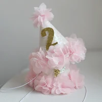 Fille rose fleur Chic 1er anniversaire chapeau blanc paillettes chapeau de fête 1 2 3 ans bandeau gâteau Smash casquette de fête animaux chapeaux d'anniversaire 3