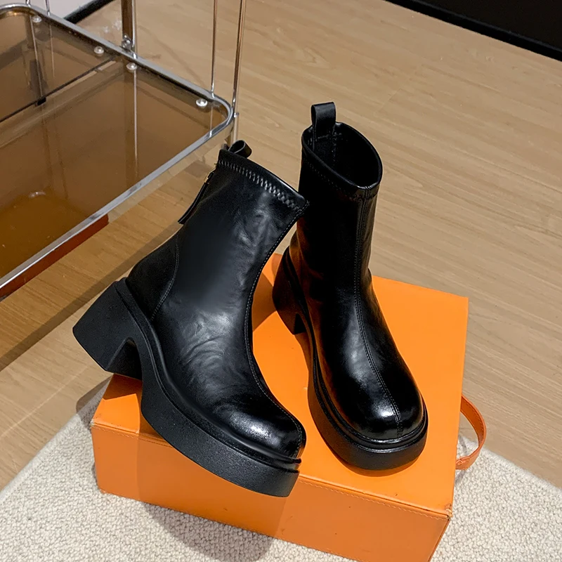 Aphixta New Patent Leather Women Ankle Boots Back Zip Concise Modern Boots 7cm Square Heel Shoe Woman Boats botines para mujeres