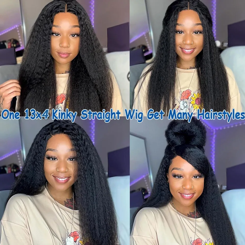 24 Inch Kinky Straight HD Lace Front Wig Human Hair Pre Plucked for Women Natural Hairline 200% Density Yaki Straight Human Hair