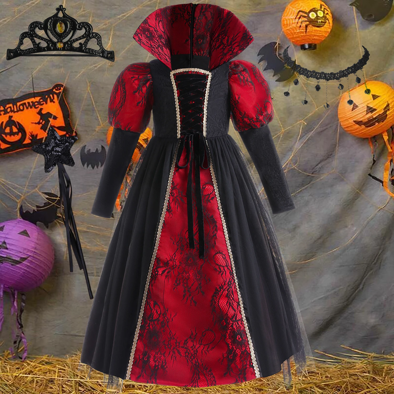 

Deluxe Costume Girl Vampire Dress Red Vintage Robe Children Party Halloween Cothes Carnival Disguise Standing Collar Kid Outfit